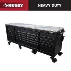 Husky 96 In. W X 24 In. D 16-Drawer Heavy-Duty Mobile Workbench With Stainless Steel Top In Matte Black