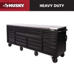 Husky Tool Storage Heavy Duty 96 In. W X 24 In. D Matte Black Mobile Workbench Cabinet With Stainless Steel Top