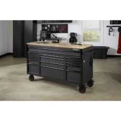 Husky 61 In. W X 23 In. D Heavy Duty 15-Drawer Mobile Workbench Tool Chest With Solid Wood Top In Matte Black -Husky Tools Shop matte black with black trim husky mobile workbenches h61mwc15hp c a0 1000