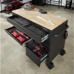 Husky 52 In. W X 25 In. D Heavy Duty 9-Drawer Mobile Workbench Cabinet With Adjustable-Height Hardwood Top In Matte Black -Husky Tools Shop matte black with black trim husky mobile workbenches holc5209bb1m 1d 1000