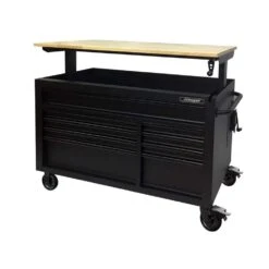 Husky 52 In. W X 25 In. D Heavy Duty 9-Drawer Mobile Workbench Cabinet With Adjustable-Height Hardwood Top In Matte Black -Husky Tools Shop matte black with black trim husky mobile workbenches holc5209bb1m 66 1000