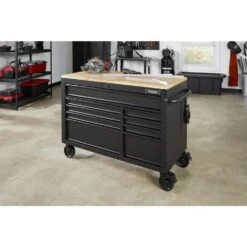 Husky 52 In. W X 25 In. D Heavy Duty 9-Drawer Mobile Workbench Cabinet With Adjustable-Height Hardwood Top In Matte Black -Husky Tools Shop matte black with black trim husky mobile workbenches holc5209bb1m a0 1000