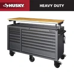 Husky Tool Storage 62 In. W Heavy Duty Matte Black Mobile Workbench Cabinet With Adjustable Height Wood Top