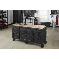 Husky 72 In. W X 24 In. D Heavy Duty 18-Drawer Mobile Workbench Cabinet With Adjustable-Height Hardwood Top In Matte Black -Husky Tools Shop matte black with black trim husky mobile workbenches holc7218bb1mys 66 1000
