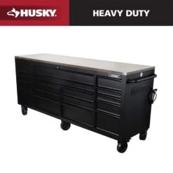 Husky 84 In. W X 24 In. D 18-Drawer Heavy-Duty Mobile Workbench With Stainless Steel Top In Matte Black
