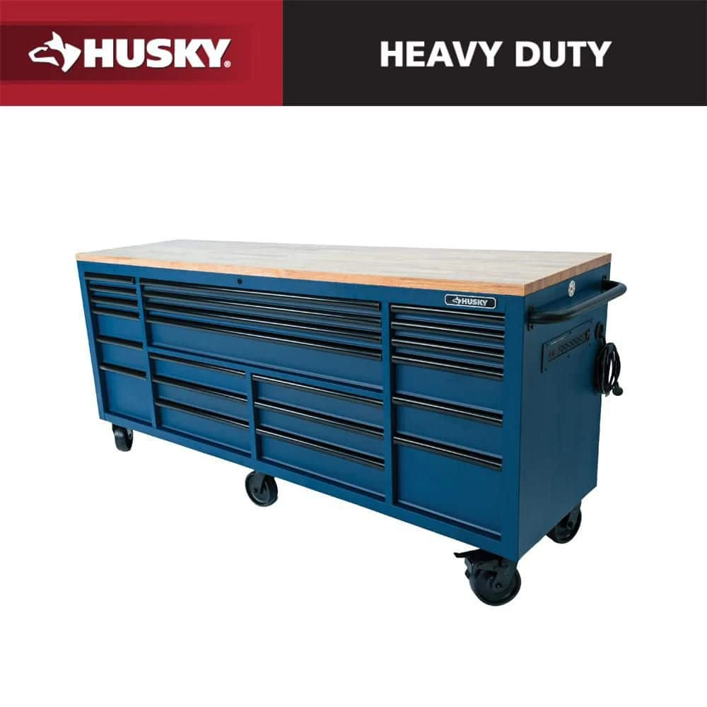 Husky Tool Storage Heavy Duty 84 In. W X 24 In. D Matte Blue Mobile Workbench Cabinet 3 Husky Tool Storage Heavy Duty 84 In. W X 24 In. D Matte Blue Mobile Workbench Cabinet