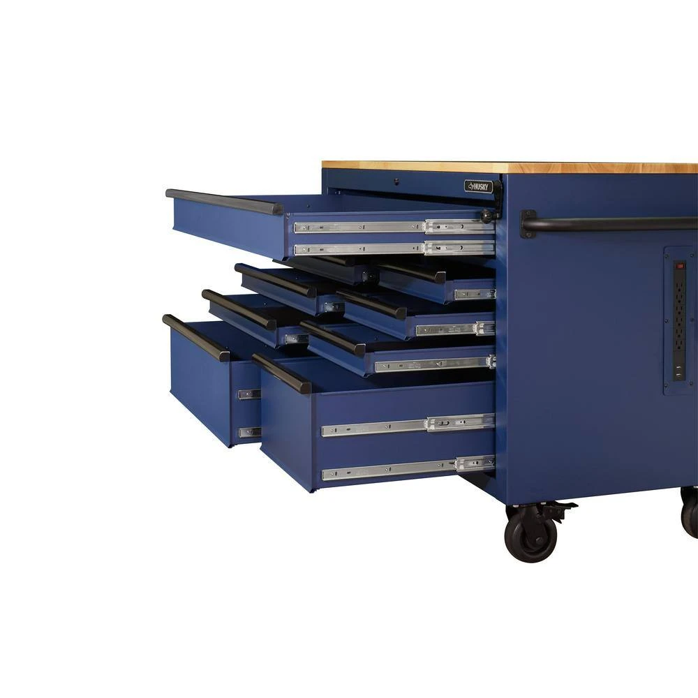 Husky 52 In. W X 25 In. D Heavy Duty 9-Drawer Mobile Workbench Tool Chest With Adjustable-Height Solid Wood Top In Matte Blue 13 Husky 52 In. W X 25 In. D Heavy Duty 9-Drawer Mobile Workbench Tool Chest With Adjustable-Height Solid Wood Top In Matte Blue - Image 11