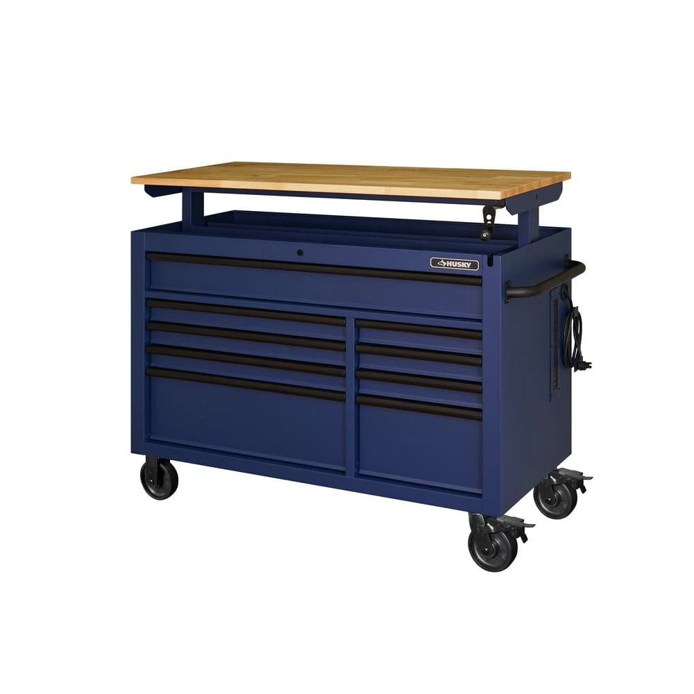 Husky 52 In. W X 25 In. D Heavy Duty 9-Drawer Mobile Workbench Tool Chest With Adjustable-Height Solid Wood Top In Matte Blue 11 Husky 52 In. W X 25 In. D Heavy Duty 9-Drawer Mobile Workbench Tool Chest With Adjustable-Height Solid Wood Top In Matte Blue - Image 9
