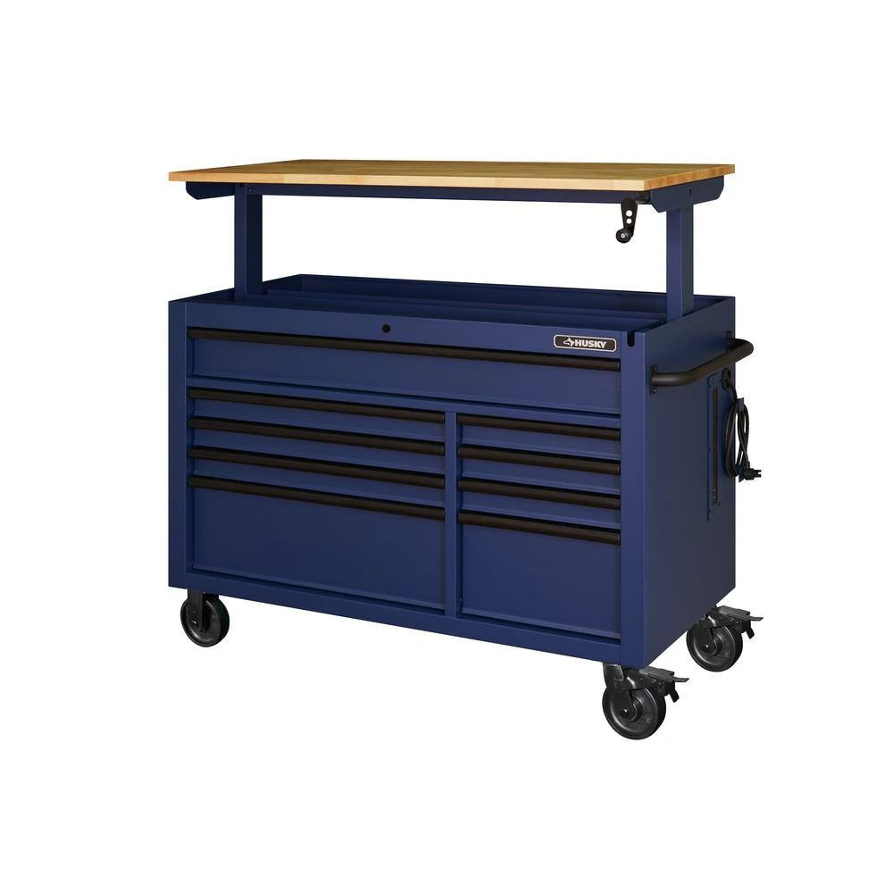 Husky 52 In. W X 25 In. D Heavy Duty 9-Drawer Mobile Workbench Tool Chest With Adjustable-Height Solid Wood Top In Matte Blue 8 Husky 52 In. W X 25 In. D Heavy Duty 9-Drawer Mobile Workbench Tool Chest With Adjustable-Height Solid Wood Top In Matte Blue - Image 6