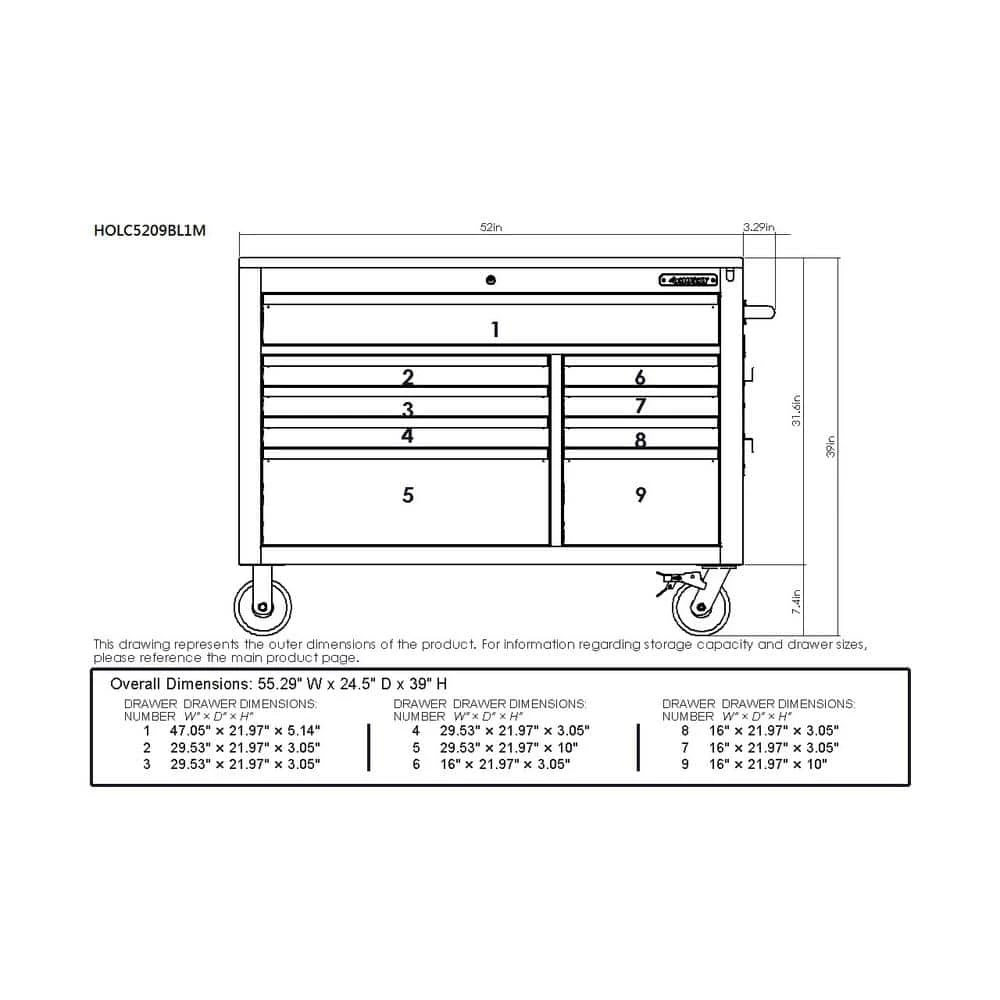 Husky 52 In. W X 25 In. D Heavy Duty 9-Drawer Mobile Workbench Tool Chest With Adjustable-Height Solid Wood Top In Matte Blue 6 Husky 52 In. W X 25 In. D Heavy Duty 9-Drawer Mobile Workbench Tool Chest With Adjustable-Height Solid Wood Top In Matte Blue - Image 4