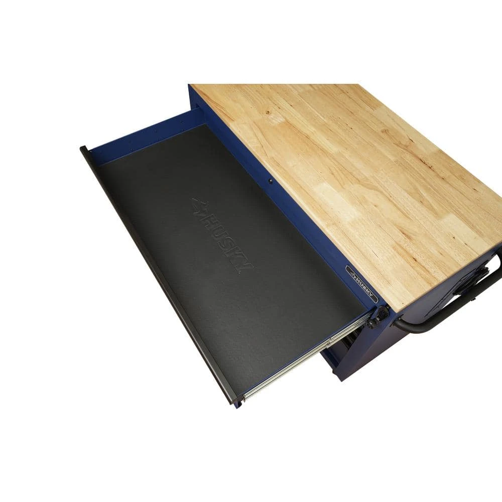 Husky 52 In. W X 25 In. D Heavy Duty 9-Drawer Mobile Workbench Tool Chest With Adjustable-Height Solid Wood Top In Matte Blue 10 Husky 52 In. W X 25 In. D Heavy Duty 9-Drawer Mobile Workbench Tool Chest With Adjustable-Height Solid Wood Top In Matte Blue - Image 8