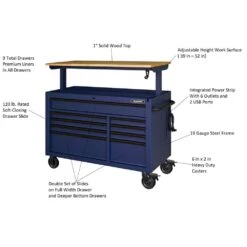 Husky 52 In. W X 25 In. D Heavy Duty 9-Drawer Mobile Workbench Tool Chest With Adjustable-Height Solid Wood Top In Matte Blue 18 Husky 52 In. W X 25 In. D Heavy Duty 9-Drawer Mobile Workbench Tool Chest With Adjustable-Height Solid Wood Top In Matte Blue -Husky Tools Shop matte blue with black trim husky mobile workbenches holc5209bl1m e1 1000