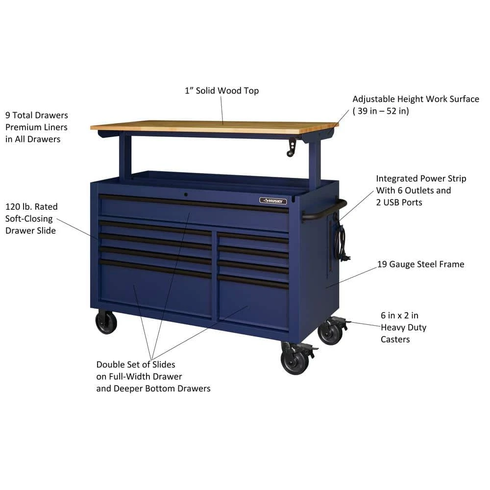 Husky 52 In. W X 25 In. D Heavy Duty 9-Drawer Mobile Workbench Tool Chest With Adjustable-Height Solid Wood Top In Matte Blue 4 Husky 52 In. W X 25 In. D Heavy Duty 9-Drawer Mobile Workbench Tool Chest With Adjustable-Height Solid Wood Top In Matte Blue - Image 2