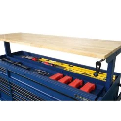 Husky 72 In. W X 24 In. D Heavy Duty 18-Drawer Adjustable Height Mobile Workbench With Solid Wood Top In Matte Blue -Husky Tools Shop matte blue with black trim husky mobile workbenches holc7218bl1m 1d 1000