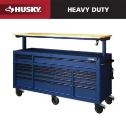Husky 72 In. W X 24 In. D Heavy Duty 18-Drawer Adjustable Height Mobile Workbench With Solid Wood Top In Matte Blue