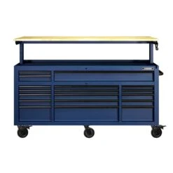 Husky 72 In. W X 24 In. D Heavy Duty 18-Drawer Adjustable Height Mobile Workbench With Solid Wood Top In Matte Blue -Husky Tools Shop matte blue with black trim husky mobile workbenches holc7218bl1m 66 1000