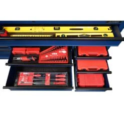 Husky 72 In. W X 24 In. D Heavy Duty 18-Drawer Adjustable Height Mobile Workbench With Solid Wood Top In Matte Blue -Husky Tools Shop matte blue with black trim husky mobile workbenches holc7218bl1m 77 1000