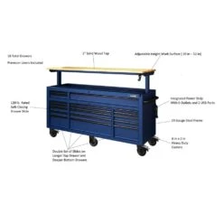 Husky 72 In. W X 24 In. D Heavy Duty 18-Drawer Adjustable Height Mobile Workbench With Solid Wood Top In Matte Blue -Husky Tools Shop matte blue with black trim husky mobile workbenches holc7218bl1m a0 1000