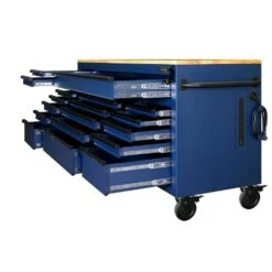 Husky 72 In. W X 24 In. D Heavy Duty 18-Drawer Adjustable Height Mobile Workbench With Solid Wood Top In Matte Blue -Husky Tools Shop matte blue with black trim husky mobile workbenches holc7218bl1m c3 1000