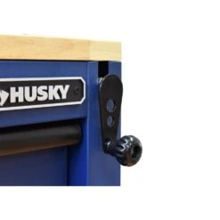 Husky 72 In. W X 24 In. D Heavy Duty 18-Drawer Adjustable Height Mobile Workbench With Solid Wood Top In Matte Blue -Husky Tools Shop matte blue with black trim husky mobile workbenches holc7218bl1m fa 1000
