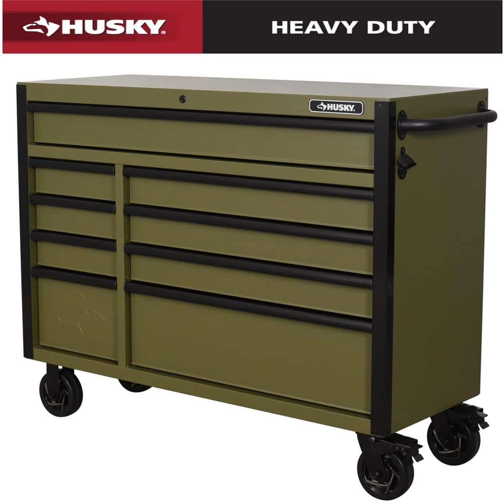 Husky Heavy Duty 52 In. W 9-Drawer Matte Army Green Rolling Tool Cabinet 3 Husky Heavy Duty 52 In. W 9-Drawer Matte Army Green Rolling Tool Cabinet