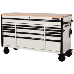 Husky 61 In. W X 23 In D Heavy Duty 15-Drawer Mobile Workbench With Mechanics Tool Set (290-Piece) In EVA In Matte White -Husky Tools Shop matte white with black trim husky mobile workbenches h290tb61whtcb 1d 1000