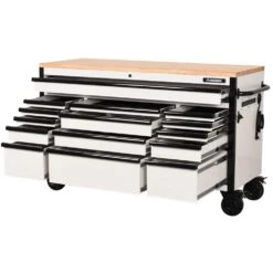 Husky 61 In. W X 23 In D Heavy Duty 15-Drawer Mobile Workbench With Mechanics Tool Set (290-Piece) In EVA In Matte White -Husky Tools Shop matte white with black trim husky mobile workbenches h290tb61whtcb 44 1000