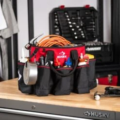 Husky 14 In. 15 Pocket Open Top Supply Tool Bag -Husky Tools Shop red black husky tool bags hd60014 th fa 1000