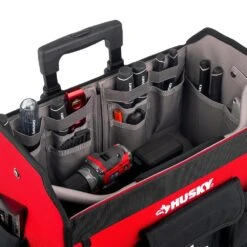 Husky 18 In. Rolling Open Tote Tool Bag With Extended Handle -Husky Tools Shop red black husky tool bags hdroller th fa 1000