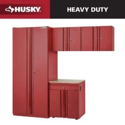 Husky Heavy Duty 92 In. W X 81 In. H X 24 In. D Pre-Assembled Steel 4-Piece Garage Storage System In Red With Wood Worktop