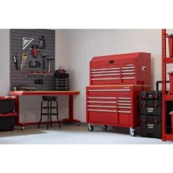 Husky Modular Tool Storage 52 In. W Standard Duty Red Mobile Workbench Cabinet With 8-Drawer Top Tool Chest -Husky Tools Shop red husky mobile workbenches h52modsuite1red d4 1000