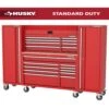 Husky Modular Tool Storage 92in. W Standard Duty Red Mobile Workbench Cabinet W/ 52in. W Top Chest And (2) 20 In. Side Lockers -Husky Tools Shop red husky mobile workbenches h52modsuite4red 64 1000