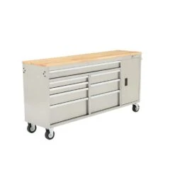 Husky 72 In. W X 18 In. D Heavy Duty 8-Drawer 1-Door Mobile Workbench Tool Chest With Solid Wood Top In Stainless Steel -Husky Tools Shop stainless steel with silver trim husky mobile workbenches hyls 7208 44 1000
