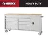 Husky 72 In. W X 18 In. D Heavy Duty 8-Drawer 1-Door Mobile Workbench Tool Chest With Solid Wood Top In Stainless Steel -Husky Tools Shop stainless steel with silver trim husky mobile workbenches hyls 7208 64 1000