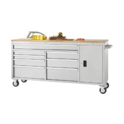 Husky 72 In. W X 18 In. D Heavy Duty 8-Drawer 1-Door Mobile Workbench Tool Chest With Solid Wood Top In Stainless Steel -Husky Tools Shop stainless steel with silver trim husky mobile workbenches hyls 7208 76 1000