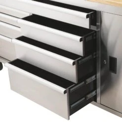 Husky 72 In. W X 18 In. D Heavy Duty 8-Drawer 1-Door Mobile Workbench Tool Chest With Solid Wood Top In Stainless Steel -Husky Tools Shop stainless steel with silver trim husky mobile workbenches hyls 7208 77 1000