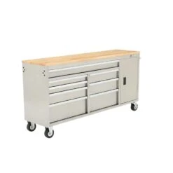 Husky 72 In. W X 18 In. D Heavy Duty 8-Drawer 1-Door Mobile Workbench Tool Chest With Solid Wood Top In Stainless Steel -Husky Tools Shop stainless steel with silver trim husky mobile workbenches hyls 7208 a0 1000