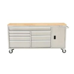 Husky 72 In. W X 18 In. D Heavy Duty 8-Drawer 1-Door Mobile Workbench Tool Chest With Solid Wood Top In Stainless Steel -Husky Tools Shop stainless steel with silver trim husky mobile workbenches hyls 7208 fa 1000